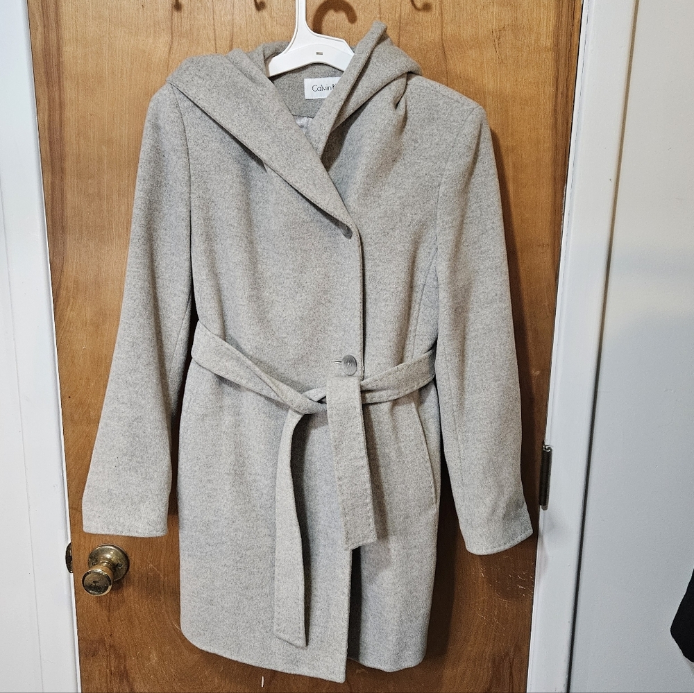 Calvin Klein Women's Wool/Langora Blend Light Gray Hooded Trench Coat Size 4.